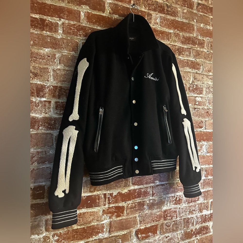 Amiri Bones Varsity Jacket, Italian made.  Chenille bones appliqué on arms.